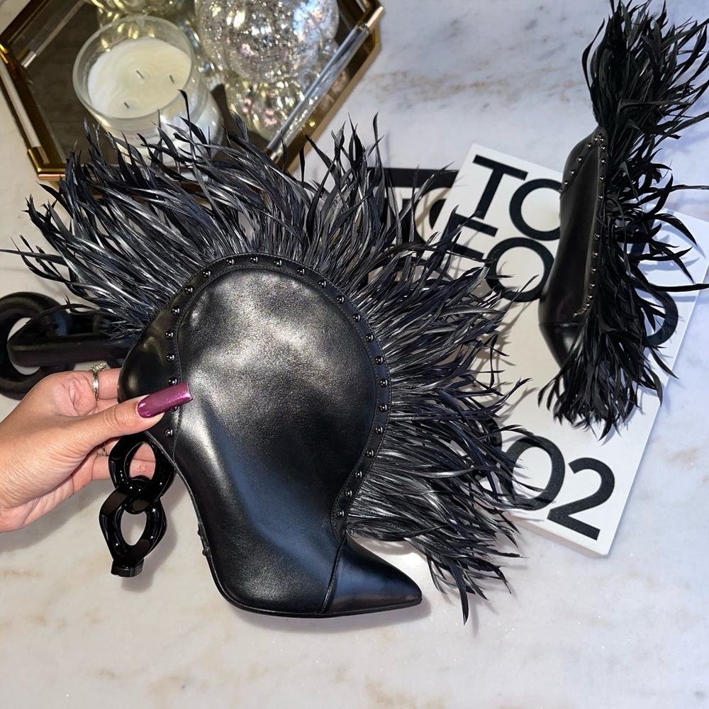 Balmain Runway Izabel Domed Feather-Trimmed Leather Ankle Boots Witchy Moody - Picture 3 of 16